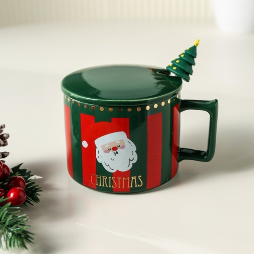 [CH25MUG7] 360 HOME CHRISTMAS MUG CERAMIC 301-400ML CERAMIC COVER+SPOON TOPPED WITH CHRISTMAS TREE