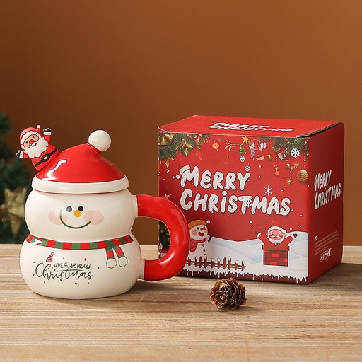[CH25MUG10] 360 HOME CHRISTMAS MUG 400ML+LID&SPOON CERAMIC SNOWMAN CUP 400ML RED