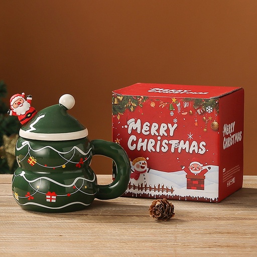 [CH25MUG13] 360 HOME CHRISTMAS MUG 400ML +LID&SPOON CERAMIC CHRISTMAS TREE GIFT CUP 400ML GREEN
