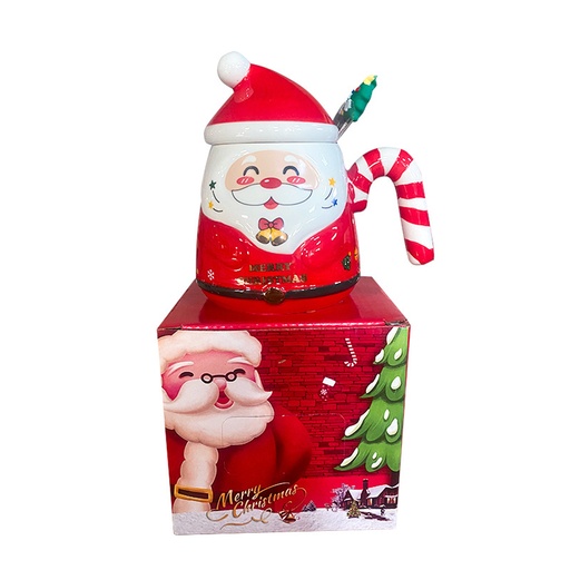 [CH25MUG30] 360 HOME CHRISTMAS MUG CERAMIC SANTA FACE RED 401-500ML STRIPPED HANDLE+SPOONRED
