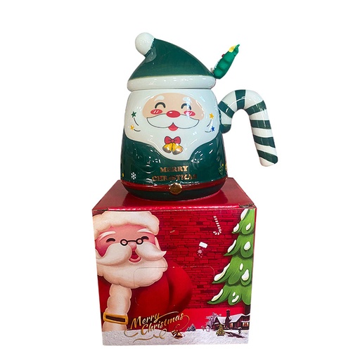 [CH25MUG31] 360 HOME CHRISTMAS MUG CERAMIC SANTA FACE GREEN 401-500ML STRIPPED HANDLE+SPOONRED