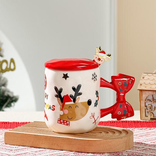 [CH25MUG37] 360 HOME CHRISTMAS MUG CERAMIC 401-500ML ELK DESIGN+MATCHING SPOON+RED BOW HANDLE