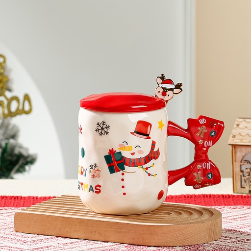 [CH25MUG38] 360 HOME CHRISTMAS MUG CERAMIC 401-500ML SNOWMAN DESIGN+MATCHING SPOON+RED BOW HANDLE