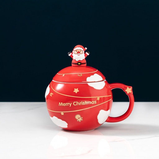 [CH25MUG40] 360 HOME CHRISTMAS MUG CERAMIC 301-400ML ROUND RED SANTA FIGURINE+LID+SPOON