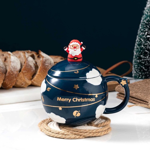 [CH25MUG43] 360 HOME CHRISTMAS MUG CERAMIC 301-400ML ROUND BLUE SANTA FIGURINE+LID+SPOON