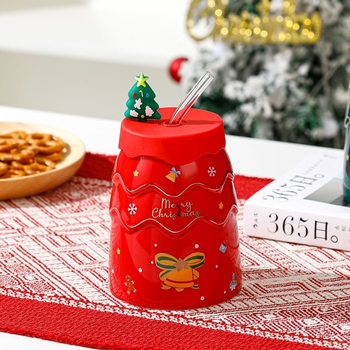 [CH25MUG44] 360 HOME CHRISTMAS MUG CERAMIC 301-400ML RED +LID+STRAW