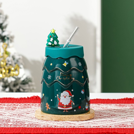 [CH25MUG45] 360 HOME CHRISTMAS MUG CERAMIC 301-400ML GREEN +LID+STRAW