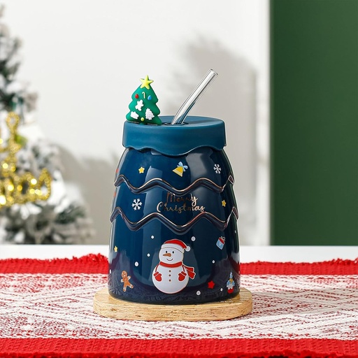 [CH25MUG46] 360 HOME CHRISTMAS MUG CERAMIC 301-400ML BLUE +LID+STRAW