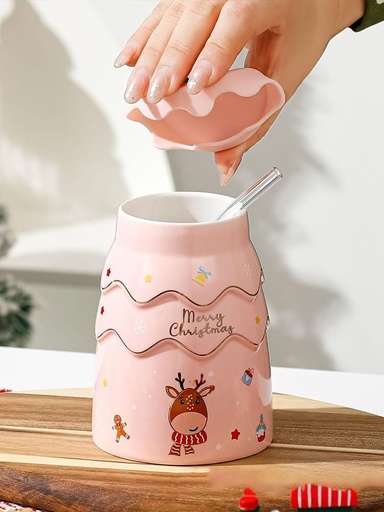 [CH25MUG47] 360 HOME CHRISTMAS MUG CERAMIC 301-400ML PINK +LID+STRAW