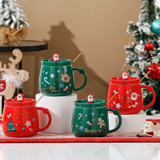 [CH25MUG52] 360 HOME CHRISTMAS MUG CERAMIC 4 PATTERNS IN 1 PACK+LID+SPOON