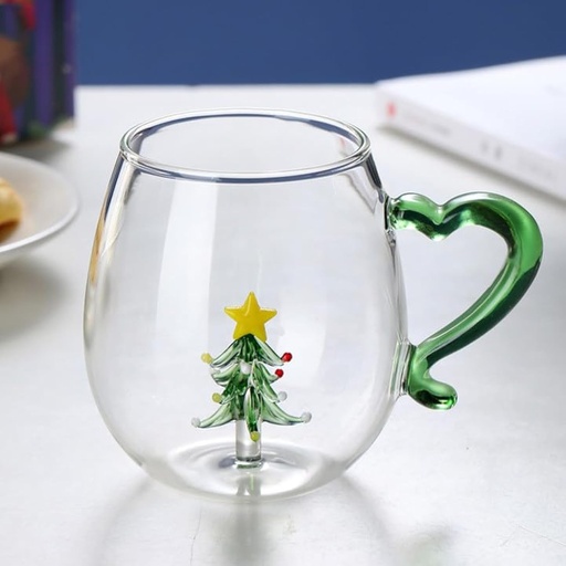 [CH25MUG67] 360 HOME CHRISTMAS MUG GLASS 401-500ML 3D INSIDE GREEN TREE DESIGN HEART SHAPED HANDLE