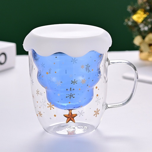 [CH25MUG81] 360 HOME CHRISTMAS MUG BLUEWITH LID301-400ML DOUBLE WALL GLASS TREE SHAPED  WITH STAR ON TOP