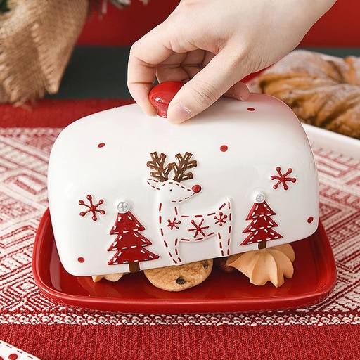 [CH25MUG106] 360 HOME CHRISTMAS BUTTER DISH CERAMIC  19*10.6*12.7CM WHITE & RED DESIGN