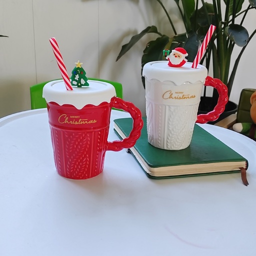 [CH25MUG111] 360 HOME CHRISTMAS MUG CERAMIC 400ML WHITE + STRAW AND RED HANDLE +PLASTIC LID