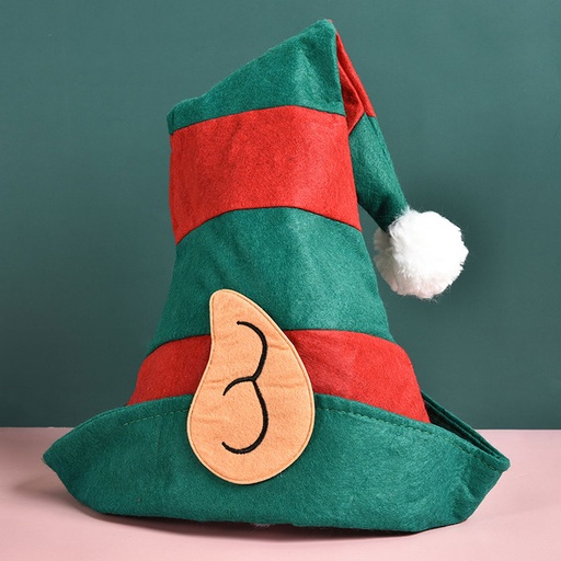 [CHRHT-1] 360 HOME CHRISTMAS HAT ELF TALL CONICAL  GREEN & RED HORIZONTAL EAR SHAPED PATH FELT MATERIAL+WHITE POMPOM