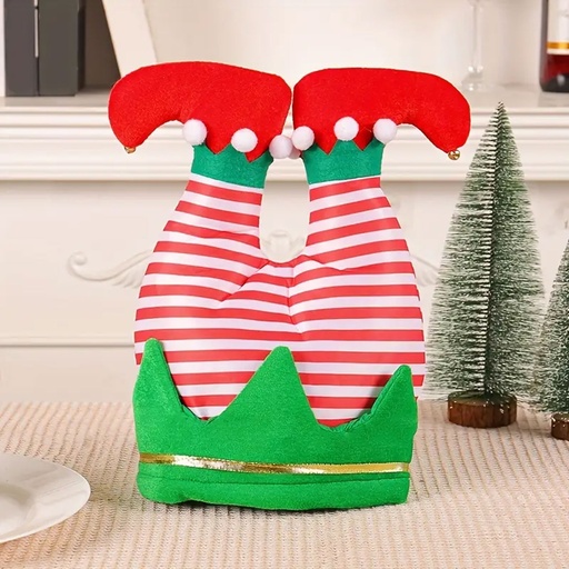 [CHRHT-5] 360 HOME CHRISTMAS HAT UPSIDE-DOWN ELF LEGSRED & WHITE STRIPES WITH GREEN BOOT