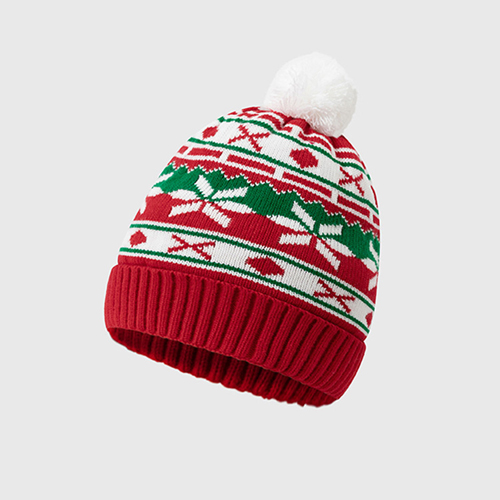 [CHRHT-6] 360 HOME CHRISTMAS HAT ELECTRIC BEANIE SOFT KNIT MATERIAL WITH WHITE PROMINENT POMPOM RED FESTIVE PATTERN