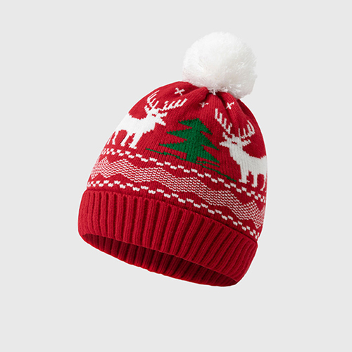 [CHRHT-7] 360 HOME CHRISTMAS HAT ELECTRIC BEANIE STYLE KNITTED MATERIAL TOPPED WHITE POMPOMWHITE REINDEER AND GREEN TREES RED BASE