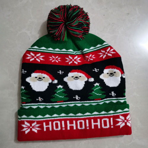 [CHRHT-10] 360 HOME CHRISTMAS HAT ELECTRIC BEANIE STYLE KNITTED MATERIAL GREEN RED BLACK &WHITE WITH SANTA FACES & HOHOHO