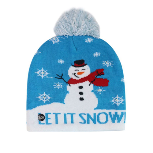 [CHRHT-14] 360 HOME CHRISTMAS HAT ELECTRIC BEANIE STYLE KNITTED MATERIAL  SKY BLUE BASE WHITE POMPOM SNOWMAN+LET IT SNOW