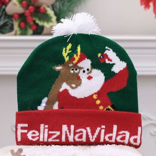 [CHRHT-16] 360 HOME CHRISTMAS HAT ELECTRIC BEANIE STYLE KNITTED MATERIAL GREEN BASE+RED BRIM+WHITE POMPOM SANTA & REINDEER+FELIZ NAVIDAD PATTERN