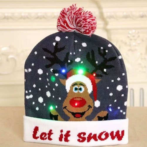 [CHRHT-23] 360 HOME CHRISTMAS HAT ELECTRIC BEANIE STYLE KNITTED MATERIAL NAVY BLUE BASE+REINDEER FACE WEARING SANTA'S HAT WHITE BRIM "LET IT SNOW"