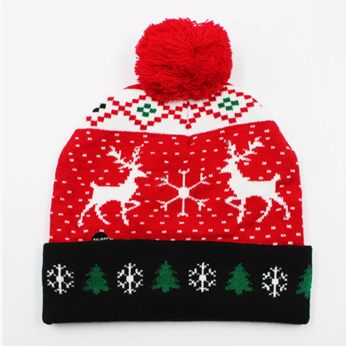 [CHRHT-29] 360 HOME CHRISTMAS HAT ELECTRIC BEANIE STYLE KNITTED MATERIAL MANY REINDEERS PATTERN WHITE+KNITTED GEOMETRIC BAND +BLACK BRIM TREES+FLAKES