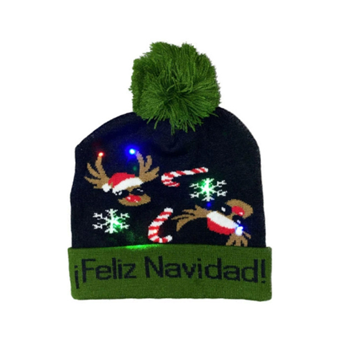 [CHRHT-34] 360 HOME CHRISTMAS HAT ELECTRIC BEANIE STYLE KNITTED MATERIAL DARK COLORED GREEN POMPOMGREEN HAT "FELIZ NAVIDAD"