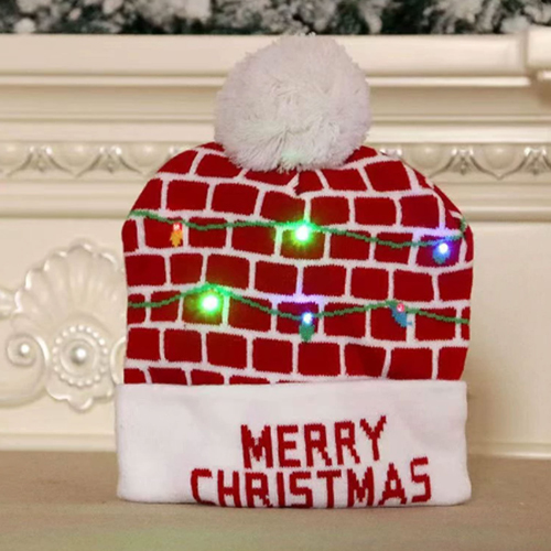 [CHRHT-35] 360 HOME CHRISTMAS HAT ELECTRIC BEANIE STYLE KNITTED MATERIAL RED BRICK PATTERN WHITE POMPOM& BRIM