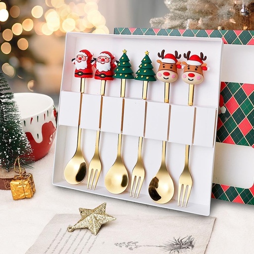 [CHESS60] 360 HOME CHRISTMAS SPOON & FORK GOLD BOX SET 6PCS WITH MOTIF ON TOP