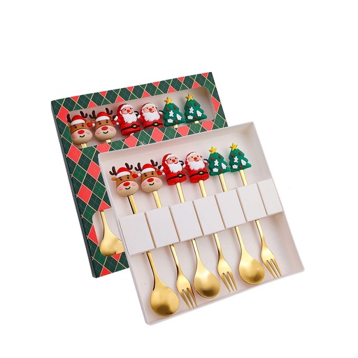 [CHESS62] 360 HOME CHRISTMAS SPOON & FORK GOLD BOX 18.2*18*2.5CM 198GRS SET 6PCS WITH MOTIF ON TOP