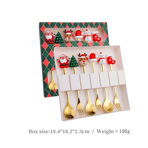 [CHESS65] 360 HOME CHRISTMAS SPOON & FORK GOLD BOX 18.4*18.2*2.3CM 195GRS SET 6PCS WITH MOTIF ON TOP