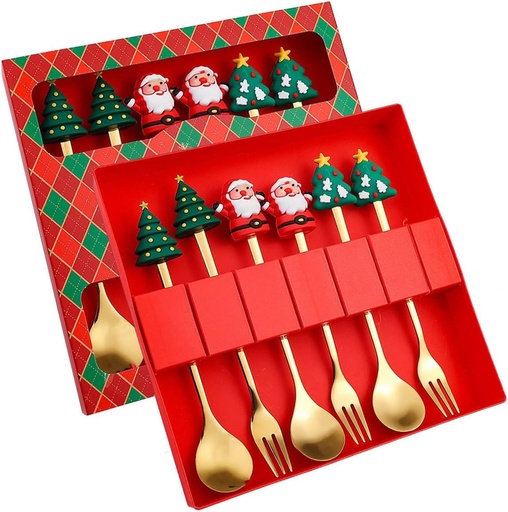 [CHESS67] 360 HOME CHRISTMAS SPOON & FORK GOLD BOX 18.2*18*2.5CM 213GRS SET 6PCS WITH MOTIF ON TOP