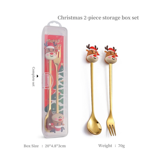 [CHESS70] 360 HOME CHRISTMAS SPOON &FORK GOLD CLEAR BOX 20*4.5*3CM 73GRS WITH REINDEER ON TOP