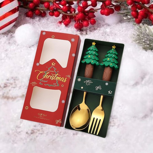 [CHESS72] 360 HOME CHRISTMAS SPOON &FORK GOLD  BOX 18*5*2.5CM  110GRS WITH TREE ON TOP