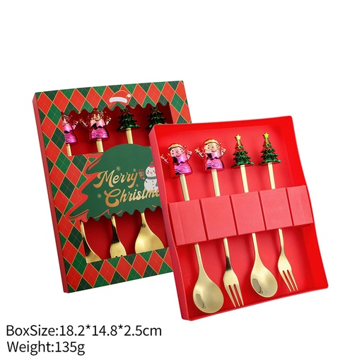 [CHESS73] 360 HOME CHRISTMAS SPOON & FORK GOLD BOX 18.2*14.8*2.5CM 135GRS SET 4PCS WITH MOTIF ON TOP