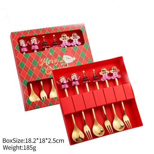 [CHESS75] 360 HOME CHRISTMAS SPOON & FORK GOLD BOX 18.2*18*2.5CM 185GRS SET 6PCS WITH MOTIF ON TOP