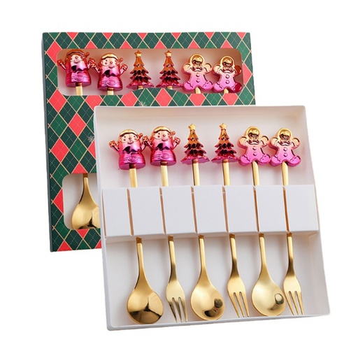 [CHESS76] 360 HOME CHRISTMAS SPOON & FORK GOLD BOX SET 6PCS WITH MOTIF ON TOP