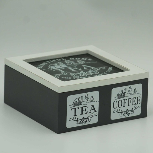 [MT-TEAB6] 360 HOME TEA BOX WOODEN 16*16*7CM PRINTED COFFEE CAMPAIGN DESIGN 4 COMPARTMENTS +LID