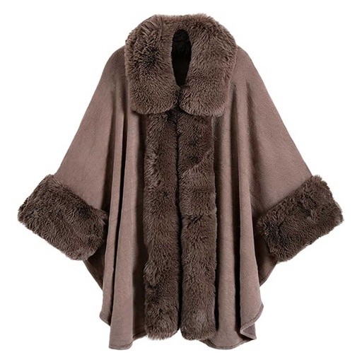 [WTRPAN-38] 360 COTTON PONCHO GREIGE FAUX FUR TRIM WOOL BLEND PLUSH FUR COLLAR+CUFFS