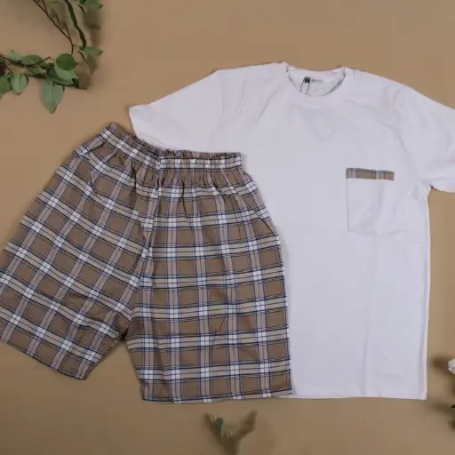 [EG-PIJ1] 360 COTTON PYJAMA MEN SUMMER  WHITE & BROWN T-SHIRT W/POCKET+PLAID SHORT CHECKERED PATTERN