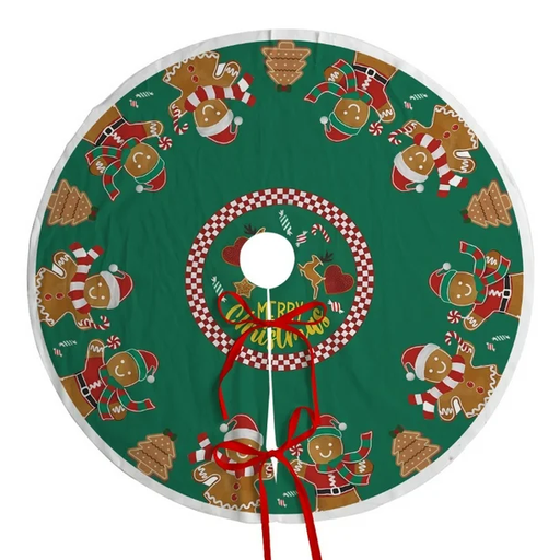 [TRSKIRT3] 360 HOME CHRISTMAS TREE SKIRT ROUND 20CM POLYESTER  CENTER HOLE GREEN BACKGROUND GINGERMAN WEARING SANTA