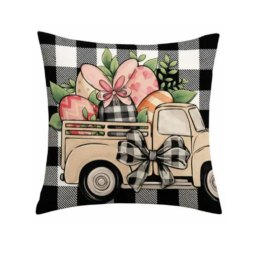 [EAPLC14] 360 HOME EASTER PILLOW CASE 45*45CM BLACK&WHITE PLAID BACKGROUND+VINTAGE TRUCK BEIGE