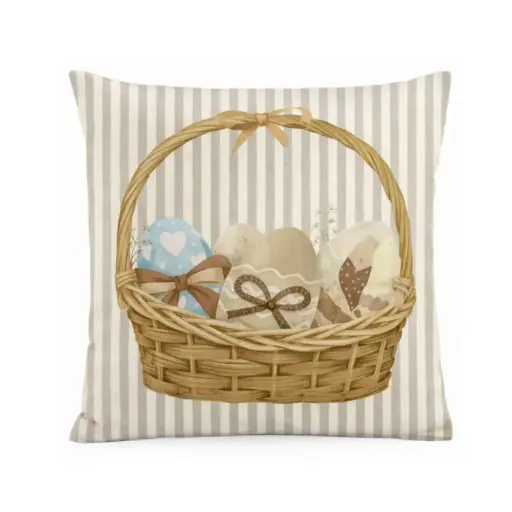 [EAPLC23] 360 HOME EASTER PILLOW CASE 45*45CM BEIGE&WHITE VERTICAL BACKGROUND+BASKET IN THE MIDDLE