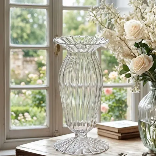 [VASE42-26] 360 HOME VASE GLASS 8*15.5CM CLEAR STRIPPED