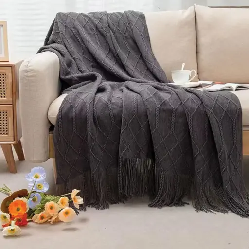 [THRBLA4] 360 HOME THROW BLANKET WITH FRINGES 130*180 BLACK KNITTED PATTERN