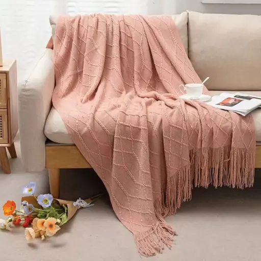 [THRBLA5] 360 HOME THROW BLANKET WITH FRINGES 130*180 PINK KNITTED PATTERN