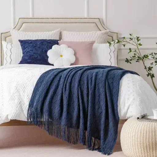 [THRBLA13] 360 HOME THROW BLANKET WITH FRINGES 130*160 NAVY KNITTED PATTERN