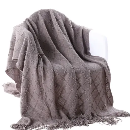 [THRBLA15] 360 HOME THROW BLANKET WITH POM POM EDGES 130*160 DARK GREY KNITTED PATTERN