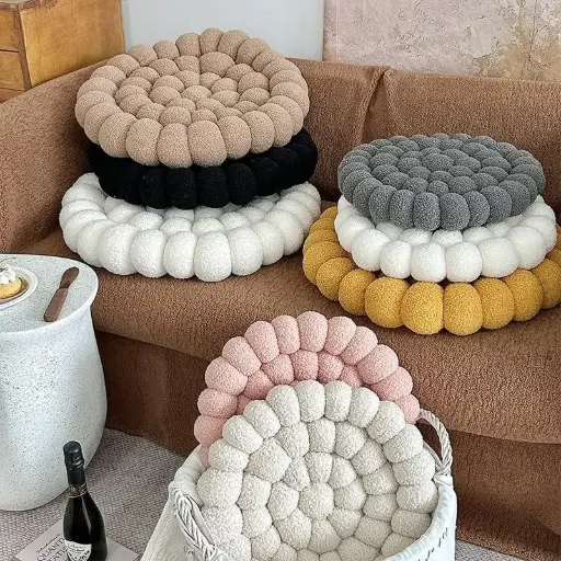 [ALPILO3] 360 HOME CUSHION ROUND TUFTED  40*40cm BEIGE, PINK, GREY, WHITE TUFTED BALLS